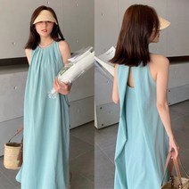 편한 얇은 여성 여름 무지 셔링 루즈핏 캐주얼 패션 데일리 홀터넥 바캉스 여행 비치 해변 빅사이즈 20대 30대 민소매 나시 롱 이너 원피스 a라인 스커트