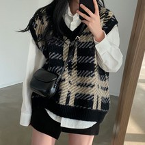 [레티고] 루즈핏 캐주얼 체크 니트 조끼
