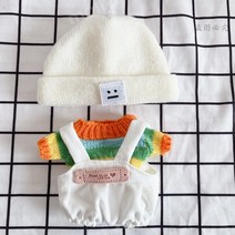 아이돌 인형옷 20cm 솜 인형 레인보우 니트 스웨터 멜빵 비니 목도리 무속성 솜뭉치, 20cm (인형x 옷만), 스웨터 + 흰색 멜빵+ 흰색모자