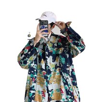 ANKRIC 봄과 가을 낙서 카우보이 코트 남자 조수 브랜드 커플 느슨한 홍콩 바람 조커 힙합 재킷 남성와이셔츠