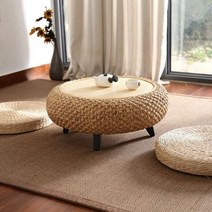 피앤케이 원형 라탄 테이블 협탁 방석 세트 등나무 원목 티테이블 홈 카페 거실, 우드색 스몰 테이블+방석 2개