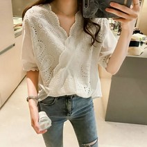 베씨 여성 반팔 화이트 레이스 펀칭 블라우스 정장 오피스룩