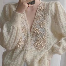 ZDD 여성 가디건 브이넥 진주 버튼 숏 니트 슬림핏 퍼프 빈티지 럭셔리룩 봄가을