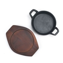 KO 키친쿡 사용전 시즈닝 필수! ~ 양손 원형 후라이 돌산 주물 팬 목판 받침 무쇠팬 볶음팬 콘버터 스테이크 철판 치즈 옥수수 059 - 01, 03. 양손원형후라이 주물팬+목판세트 / 소