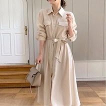 [예쁨시전] 긴팔 카라 단추 허리끈 포켓 롤업 롱 원피스