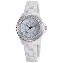 여성용 럭셔리 손목 시계 패션 라인스톤 화이트 세라믹 시계 캐주얼 레이디 멋진 드레스 시계 로즈 골드. 쿼츠 무브먼트