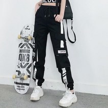 여성조커바지 바스락 트레이닝 냉장고 아이스 쿨 팬츠 7부 하체비만 항아리 고무줄 몸배 트임 조깅 캐주얼 스포츠 여름 소녀 힙합 streetwear 패션 카고 댄스 운동복 블랙