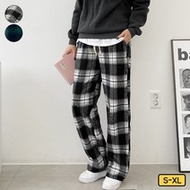 가비진 여성용 밴드 겉기모 포근한 체크 밴드 롱기장 일자 와이드 팬츠 바지