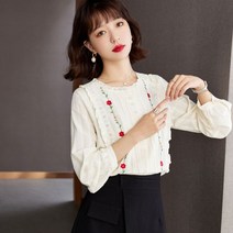 여성 봄여름 빈티지 자수 셔츠 프렌치 블라우스 고급 시크 라운드넥 화이트 에스닉 셔츠