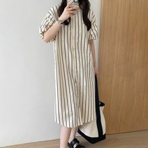 패스타임 여성 차이나넥 남방 면 골지 오버핏 퍼프소매 여름 셔츠 원피스