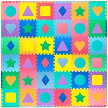 ProSource 아동용 폼 퍼즐 바닥 놀이 매트 모양과 색상 36 타일 30.5 x 30.5cm(12 x 12인치)와 보더 24개