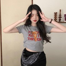 여성 테디베어 크롭 반팔티셔츠 배꼽 클래식 여행룩 여자반팔티 바캉스룩 유넥 노멀
