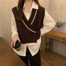 [하나비] 라이니겐 여성 가을 브이넥 카라 앞버튼 무지 루즈핏 스판 블라우스&브이넥 크로스 원버튼 조끼