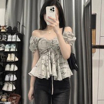 블링앤수 반팔 앞셔링 플레어 블라우스 LZZ175