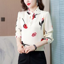 빅사이즈 오간자 블라우스 꽃무늬 여성 쉬폰 셔츠 봄가을 루즈핏