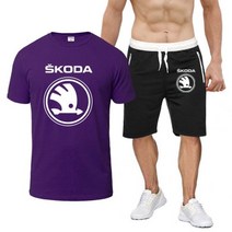여름낚시복 고어텍스 바지 우의 자켓 내피 Skoda-신제품 자동차 로고 여름 2 피스 세트 남자 프린트 티셔츠 반바지 단색 운동복 러닝 캐주얼 정장 106889, XXL