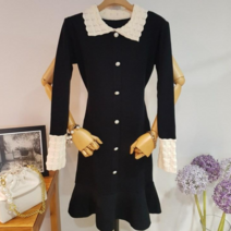 상상그이상 여성용 벌집단추 원피스 레이스 카라넥 쫀쫀한 신축성좋은 니트원피스 플레어 원피스 하객룩 데이트룩