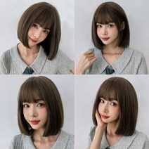 일자컷 단발머리 통가발 올리브브라운 인모 가발