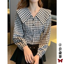 봄 블라우스 여성 지컷 짧은 인형 칼라 체크 무늬 셔츠 여성용 긴팔 허리 서양식 2022