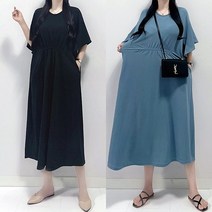 매일리룩 여성 빅사이즈 브이넥 날개 소매 훌 플레어 밴딩 롱 원피스