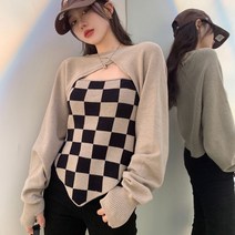 가슴트임 니트 투피스 체커보드 컷아웃 펀칭 세트