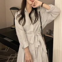 [랜덤플레이] 레이스 업 롱 스트라이프 원피스