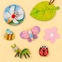 바오바론 곤충 모형 우드 DIY 목걸이 만들기 용품 팬시 미술 색칠 재료 어린이집 유치원 초등 학교 수업 교구 교재 투명스티커 증정, (꽃)