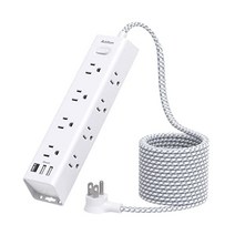 서지 프로텍터 파워 스트립 - 3m(10피트) 연장 코드 12개의 넓은 AC 콘센트 USB 3개가 있는 스트립 플랫 플러그 벽 마운트 과부하 보호 1050J 홈 오피스용 책상 충전, 10FT