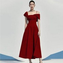 상견례옷차림 예복 아나운서 원피스 여성 활주로 가을 블루 파티 드레스 우아한 비대칭 대각선 칼라 반팔 슬림 허리 긴 베스티도