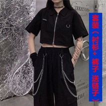 하라주쿠 복장 시크하고 개성적인 투피스 세트 지퍼 짧은 셔츠 체인 포켓 카고 바지 정장 Roupas Femme 여름 스타일