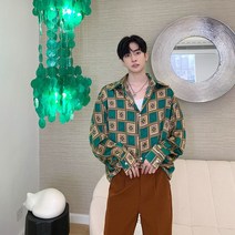 남자 레트로 셔츠 페르시안 초록색 패턴 남방