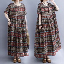 코카마니 여성 다이아 체크 에스닉 반팔 라운드넥 셔링 플레어 예쁜 롱 원피스