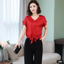 가바바 여성 블라우스 허리 리본포인트 브이넥 단추콩 반팔 블라우스 G45892