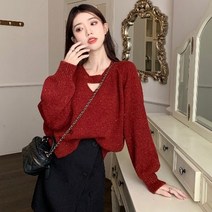 77사이즈니트 연보라색 레드 퍼프 가슴트임 니트 S~XL
