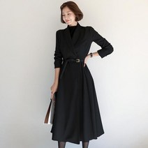 오드리햅번 블랙 브이넥 하객 정장 롱 트렌치 원피스 가을 겨울 긴팔 레이어드 플레어 상견례 맥시롱 고급.