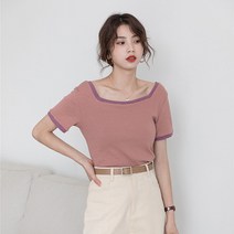 카멜롯 여성 줄무늬 반팔 니트 I8317