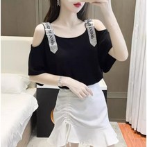 SJW 여름 여성 오프숄더 반팔티셔츠 큐빅 어깨트임 루즈핏 상의 캐주얼 빅사이즈 5컬러