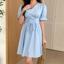 PV231 면 원피스 여성의류 여름 레이어드 반팔 브이넥 허리스트랩 미니 2컬러 러블리