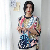 여성 비비드 에스닉 화려한 패턴 중년 반팔 블라우스