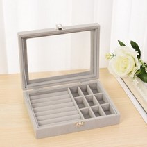 벨벳 그레이 유리 커버 보석 반지 디스플레이 상자 트레이 홀더 보관 상자 정리 귀걸이 반지 팔찌 운반 케이스, Grey-Style02