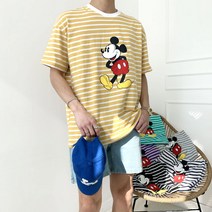 정품 디즈니 미키 프린팅 스트라이프 오버핏 남여공용 반팔 라운드 티셔츠(6color)