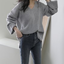 제니트 여성 루즈핏 롱 니트 브이넥 라우브이롱