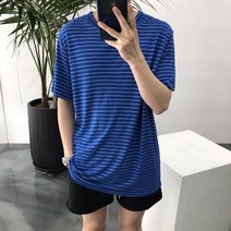 라일라이 / 여름 린넨 스트라이프 남자 루즈핏 반팔 티셔츠