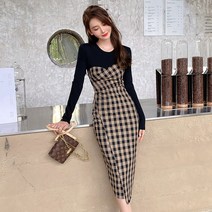 블링앤수 깅엄체크 레이어드 슬림핏 원피스 ABZZ011