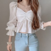 [랜덤플레이] 주름 쉬폰 프릴 셔링 하늘하늘 블라우스