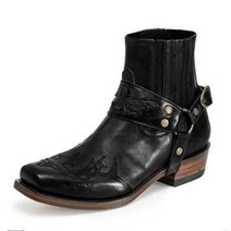 바이크 간지나는 숏부츠 남성 캐주얼 버클 부츠 로우힐 로마 스타일 빈티지 자수 짧은 발목 하틴 erkek bot, 02 Black