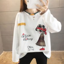 미루시노 여성 봄신상 캐릭터 자수 장식 루즈핏 순면 패션 라운드 티셔츠 RUN433