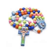 교회선물 기독교용품 만화 예수 십자가 묵주 목걸이 들위한 수제 다채로운 둥근 구슬 펜던트 소녀 소년 들 가톨릭 기도