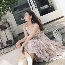 Ogfaour롱나시원피스 해남 산야 비치 해변 바캉스 슬림핏 스위트 쉬폰 끈나시 뷔스티에원피스