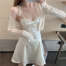 나시원피스코디 일찍이 봄 니트 가디건 배합 끈나시 뷔스티에원피스 프렌치 고급 셀럽 무드 룩 여성 트렌드 3583994480, 원피스 L사이즈